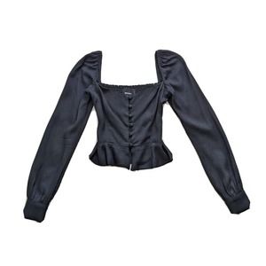 Reformation Mimi Black Peasant Button Front Square Neck Top Size 0 Long Sleeve